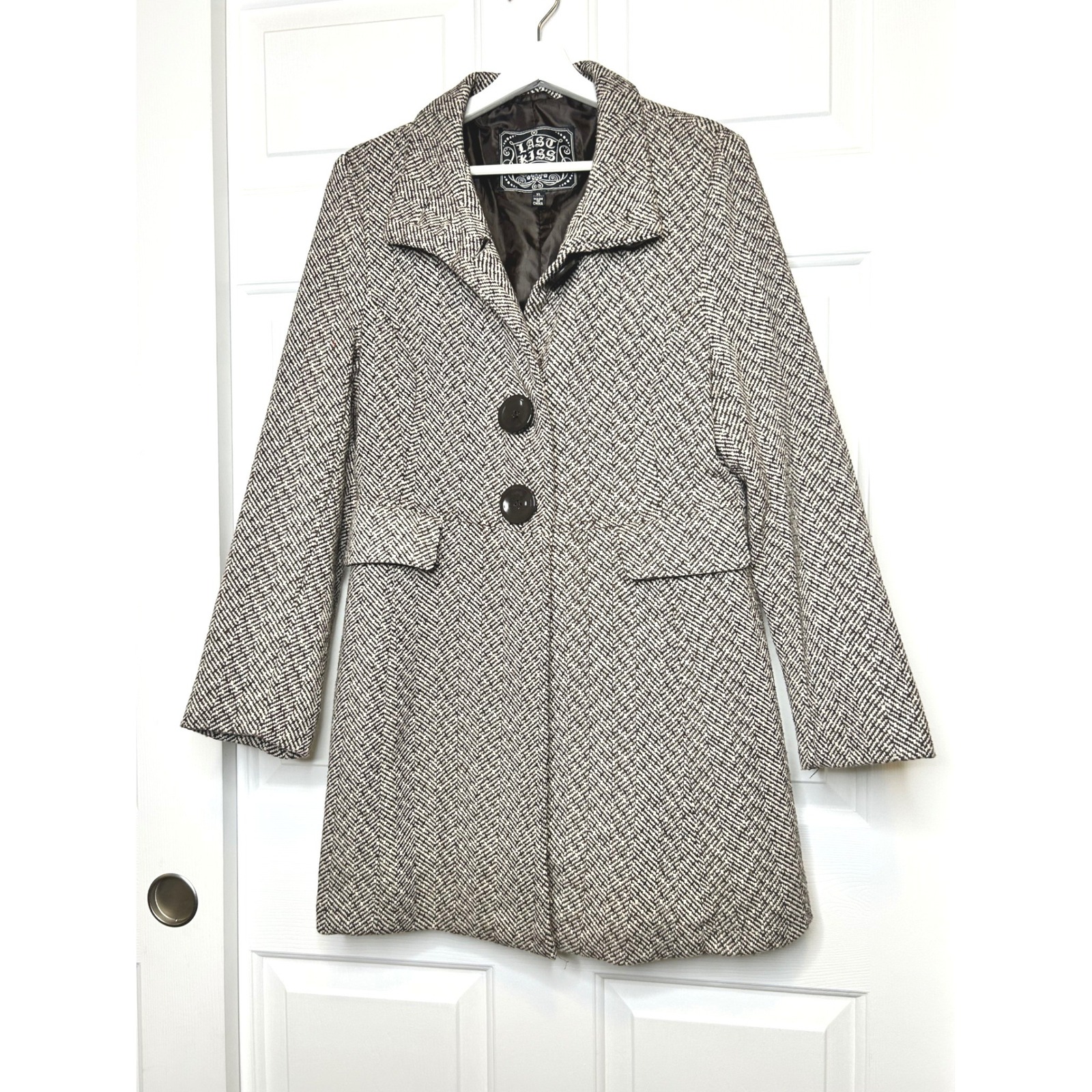Last Kiss Herringbone Pea Coat Xl Wool Blend Mid Length